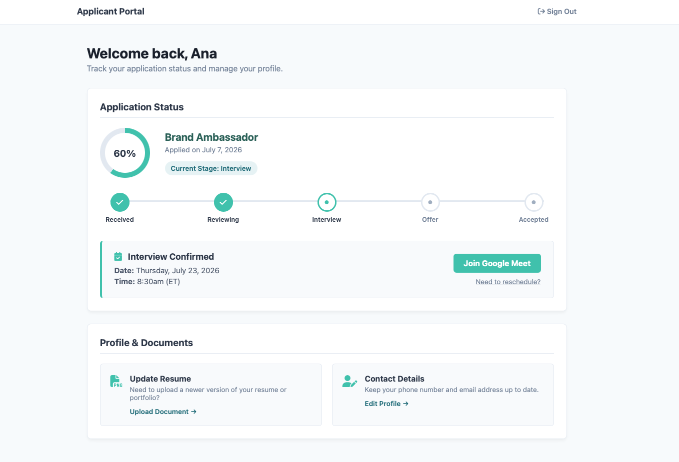 Career portal applicant management view