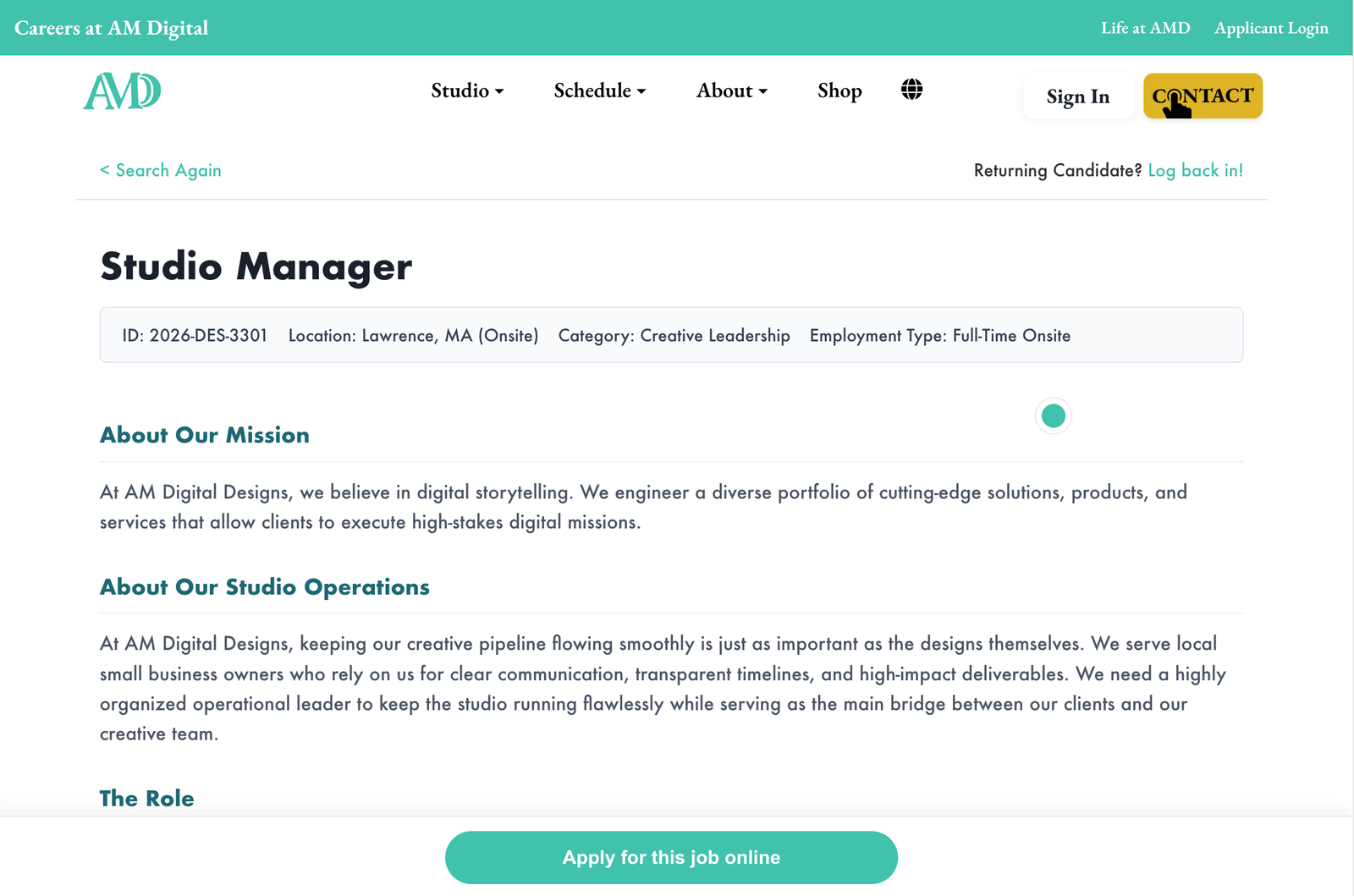 Studio manager job application interface preview
